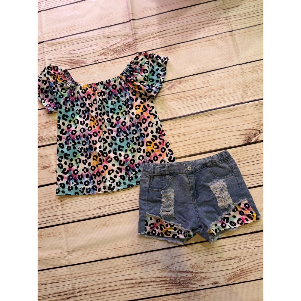 Girls Rainbow Leopard Print Off Shoulder Top and Distressed Denim Shorts Set